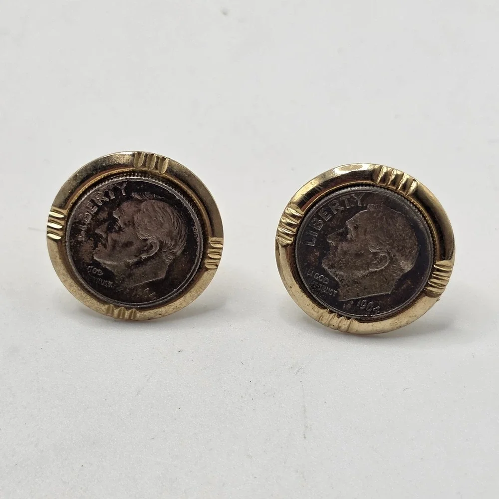 1964 Silver Dime Cufflinks Mens Gold Tone Roosevelt Coin Vintage Gift